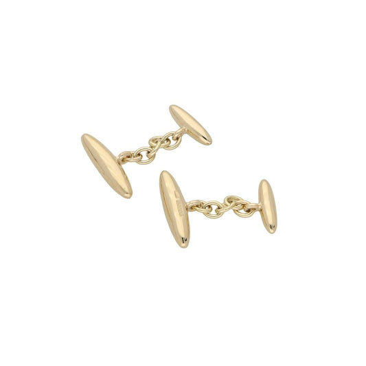 A pair of yellow gold chain link cufflinks on a white background