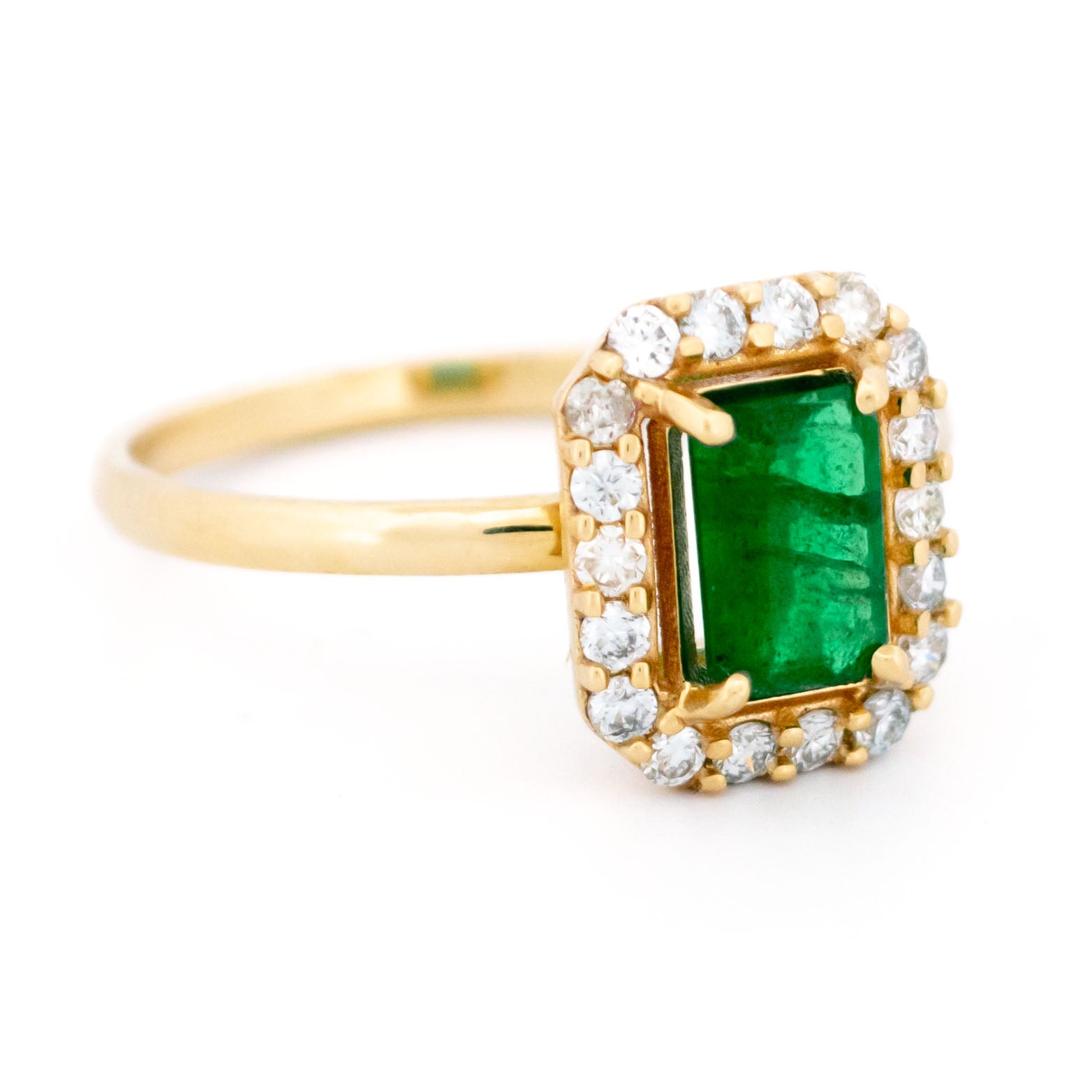 14 Carat Yellow Gold Emerald and Diamond Cluster Ring, 0.65 Carat