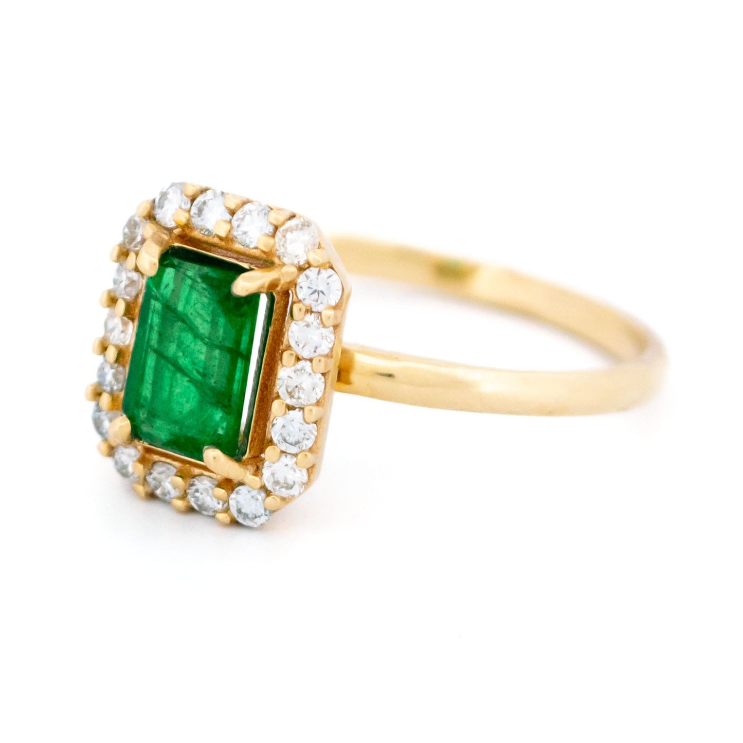 14 Carat Yellow Gold Emerald and Diamond Cluster Ring, 0.65 Carat