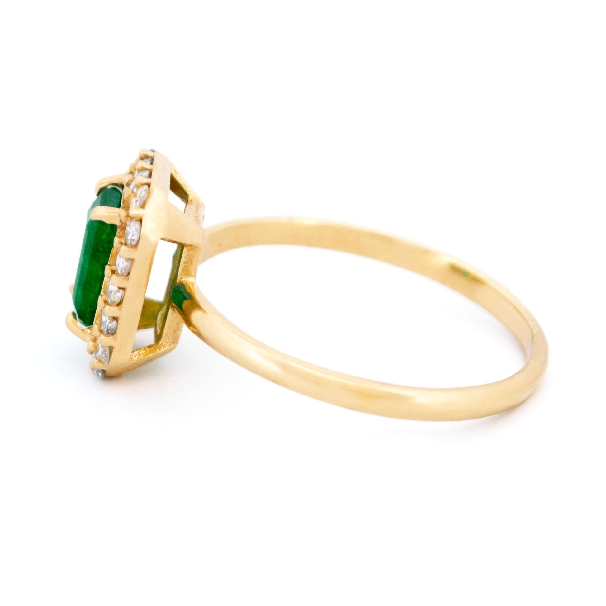 14 Carat Yellow Gold Emerald and Diamond Cluster Ring, 0.65 Carat