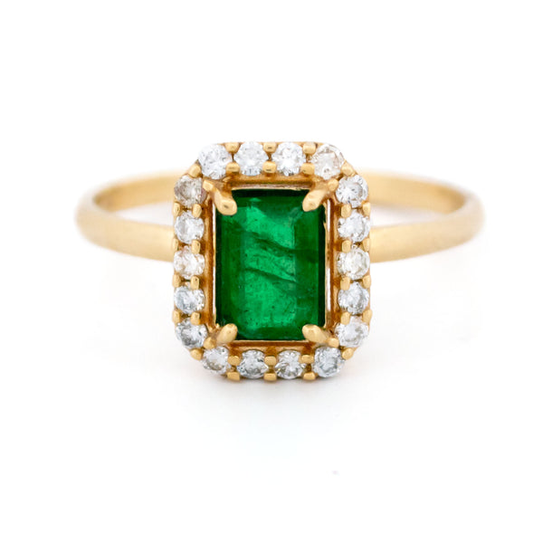 14 Carat Yellow Gold Emerald and Diamond Cluster Ring, 0.65 Carat