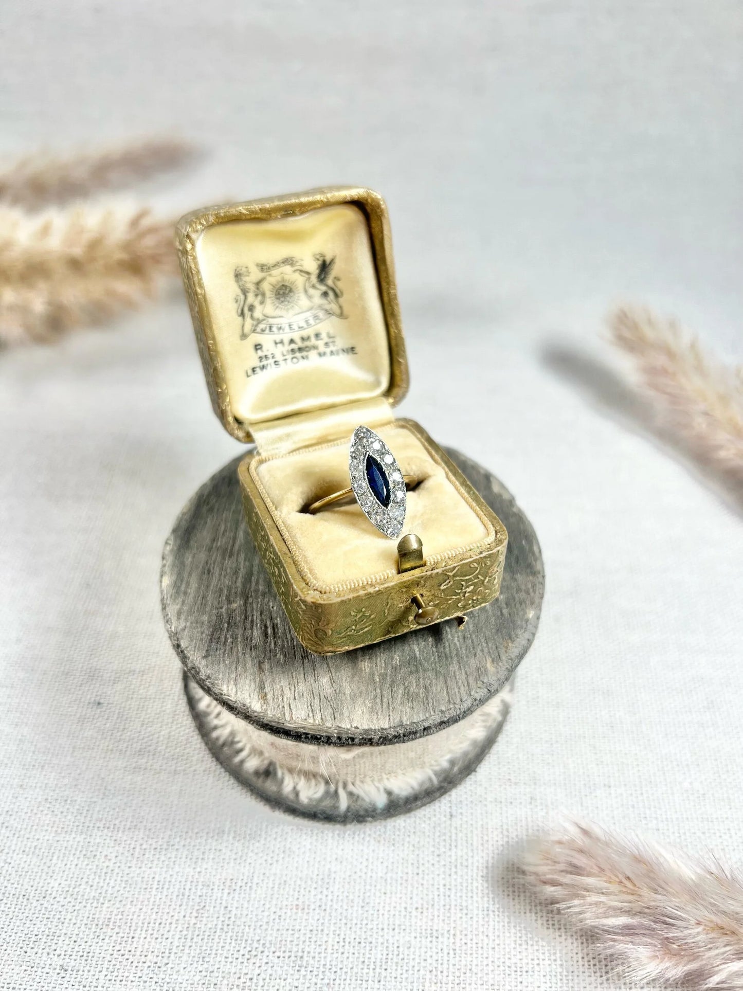 Edwardian 18 Carat Gold and Platinum Sapphire Diamond Marquise/Navette Ring