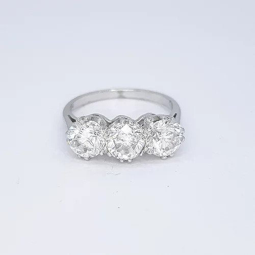 3.06ct Diamond Three Stone Ring; impressive diamond trilogy ring featuring three circular diamonds, 3.06 carat total, in 18ct white gold