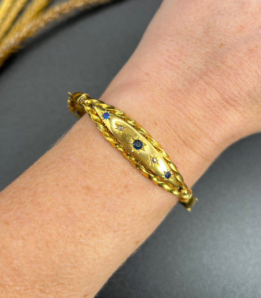 Antique 9ct Yellow Gold, Edwardian Star Set Sapphire and Diamond Bangle, Vintage Gold Bracelet, Hallmarked Chester 1907