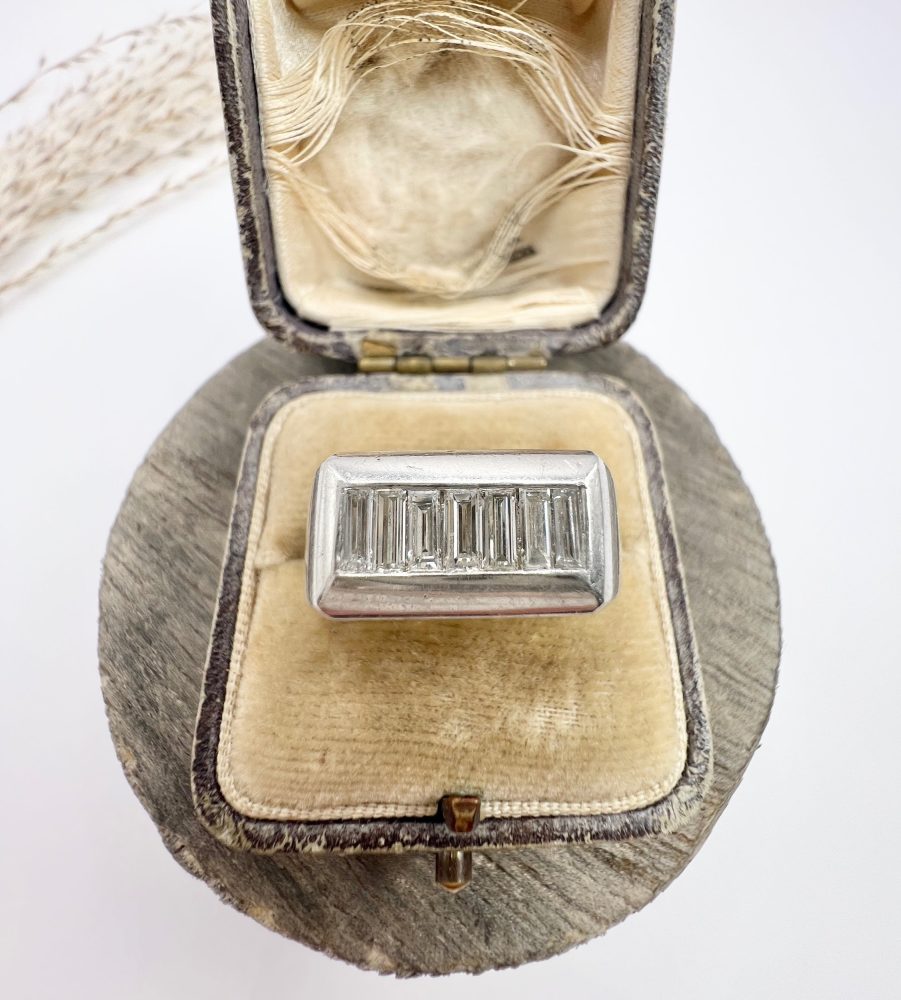 Vintage Diamond Cocktail Tank Ring In Platinum