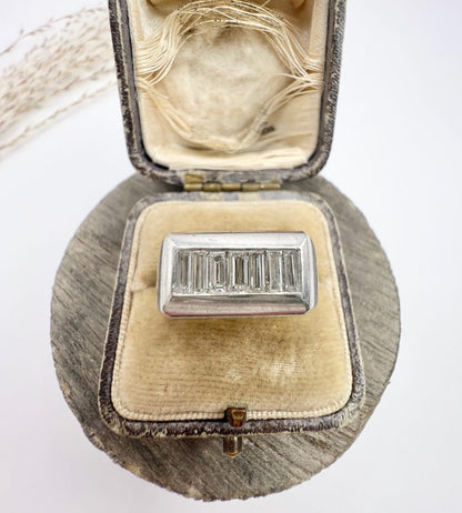 Vintage Diamond Cocktail Tank Ring In Platinum