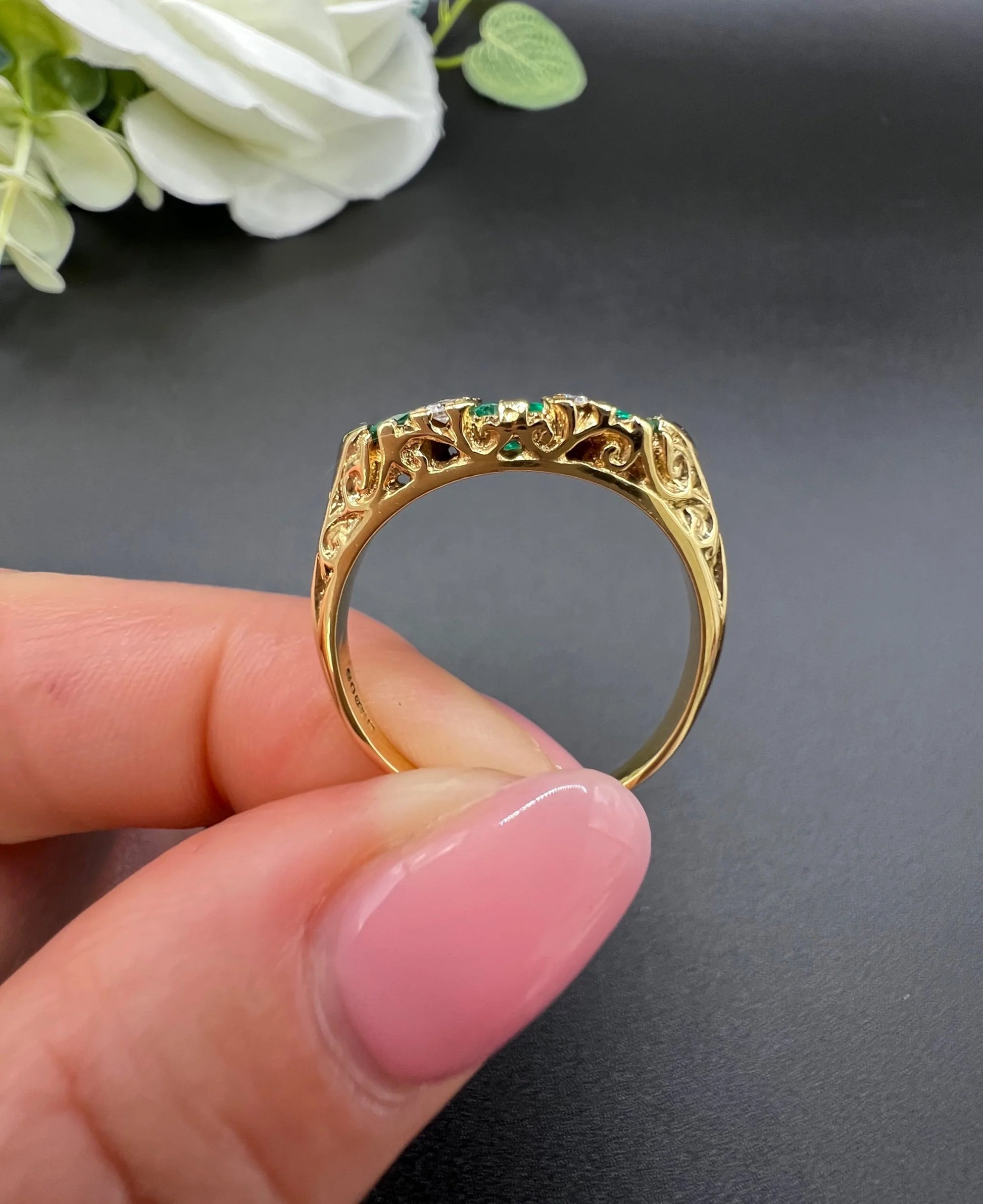 Vintage 18ct Yellow Gold, 1960s Victorian Style Emerald and Diamond Carved Ring