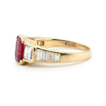 Emerald Cut Ruby and Diamond Trilogy Engagement Ring with Baguette Shoulders in 18ct Yellow Gold