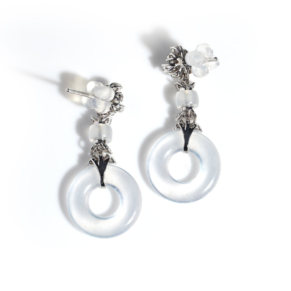 Untreated Grade A White Jadeite Jade and Diamond Drop Earrings with Emeralds