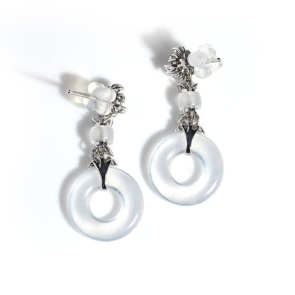 Untreated Grade A White Jadeite Jade and Diamond Drop Earrings with Emeralds