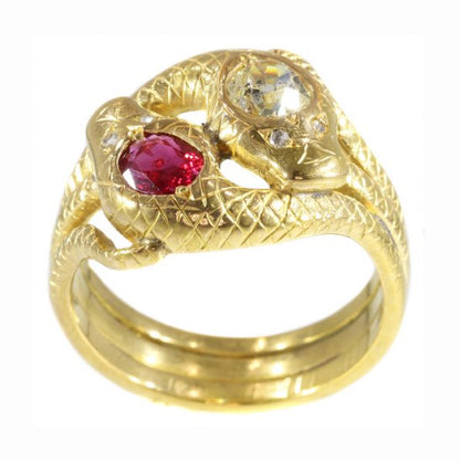 Late Victorian Old Cut Diamond and Ruby Snake Ring, 18ct Yellow Gold