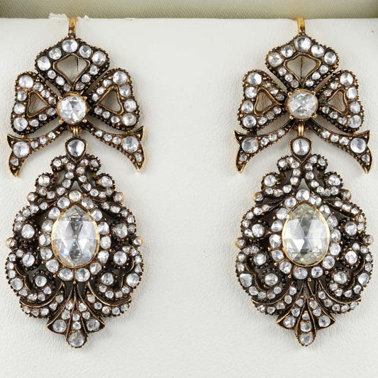Vintage Georgian Antique Style Rose Cut Diamond Pendeloque Earrings, set with 11.60 carats of pear and round Dutch rose cut diamonds in silver to 9ct gold