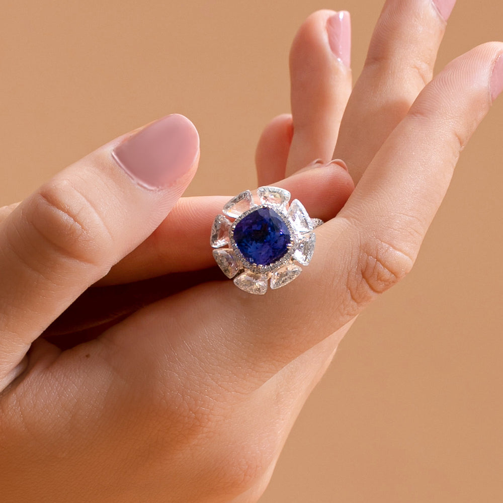 Cushion Cut Tanzanite and Diamond Cocktail Ring