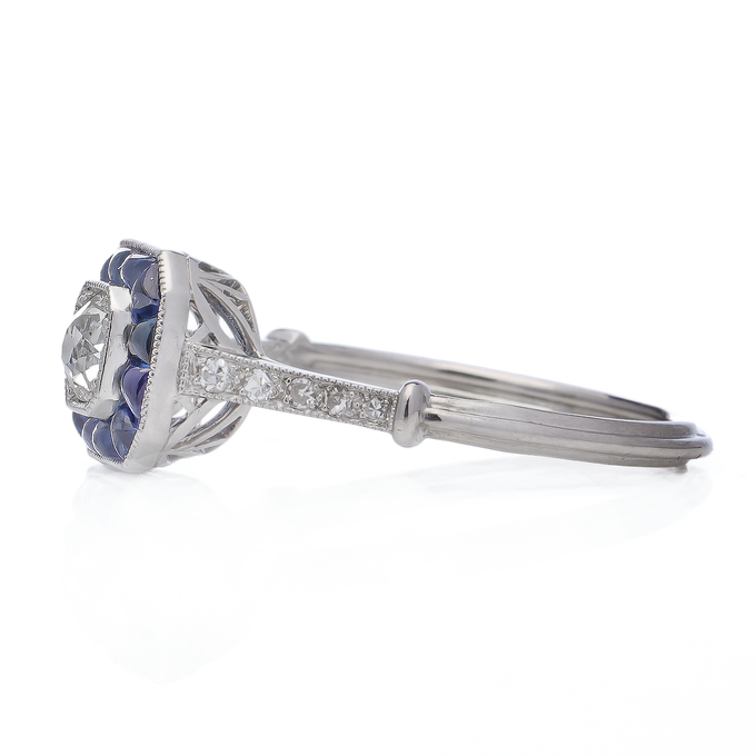 Art Deco Style Diamond and Sapphire Cluster Engagement Ring in Platinum