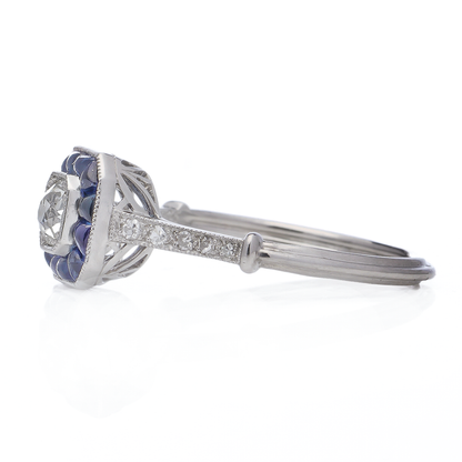 Art Deco Style Diamond and Sapphire Cluster Engagement Ring in Platinum