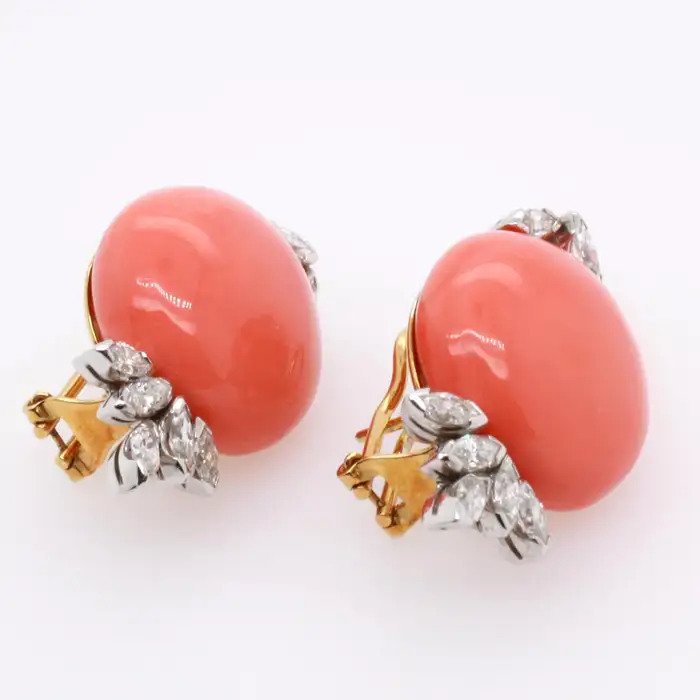 Vintage Cabochon Coral and Marquise Diamond Earrings