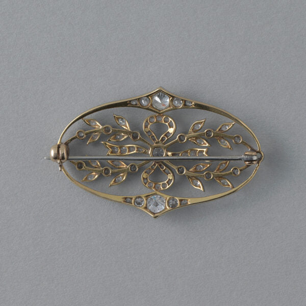 Antique Edwardian Diamond Oval Floral Bow Brooch