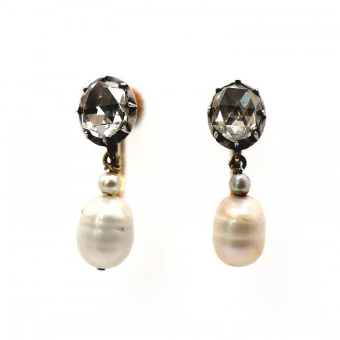 Vintage Rose Cut Diamond and Pearl Drop Earrings, single rose-cut diamond solitaire tops with oval baroque pearl pendant drops, Swedish Circa 1936
