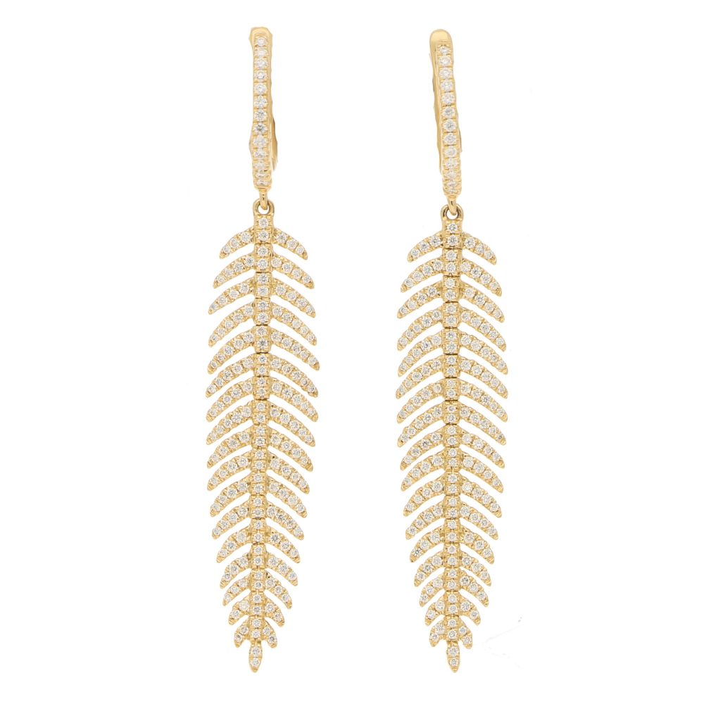 Articulated Feather Diamond Drop Earrings in Yellow Gold