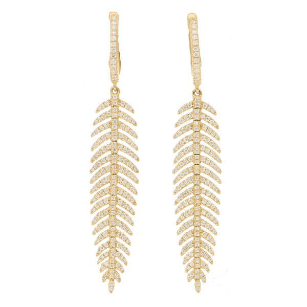 Articulated Feather Diamond Drop Earrings in Yellow Gold