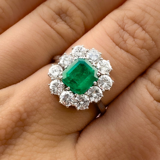 Vintage 1.70ct Emerald and Diamond Cluster Engagement Ring in Platinum