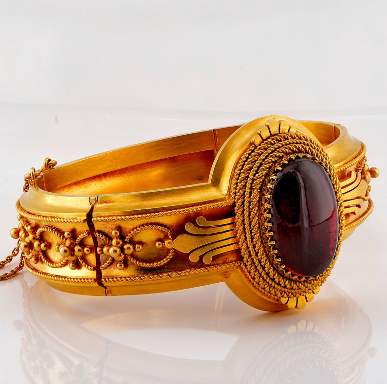 Antique Etruscan Revival Gold and Garnet Locket Bangle Bracelet