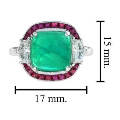 4.12ct Cabochon Natural Colombian Emerald with Ruby and Diamond Halo Cluster Ring