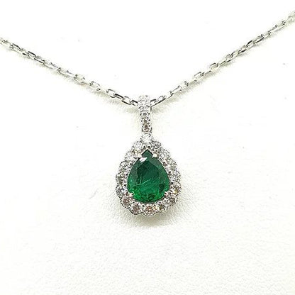 1.23ct Emerald and Diamond Pear Shaped Cluster Pendant