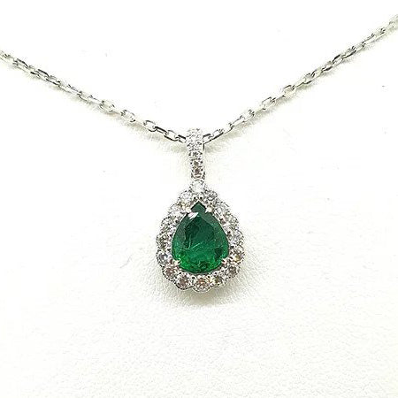 1.23ct Emerald and Diamond Pear Shaped Cluster Pendant