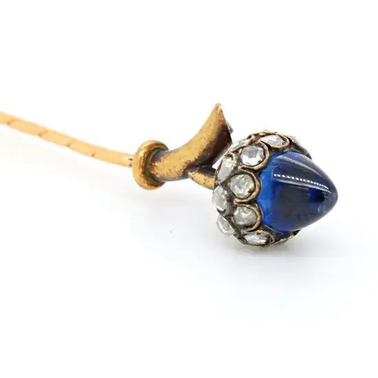 Antique 1.50ct Sugarloaf Sapphire and Rose Cut Diamond Hazel Nut Tie Pin by 19th century renowned Swedish crown jeweller Bolin