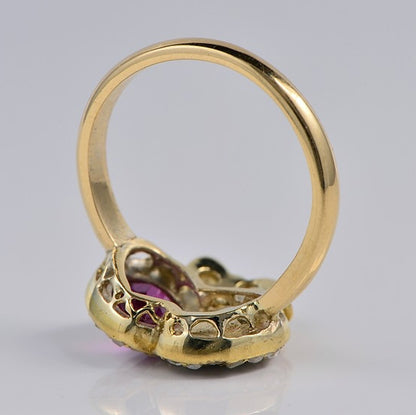 Antique Georgian 19th Century Burma Ruby and Old Cut Diamond Double Heart Cluster Sweetheart Ring in 18ct Yellow Gold