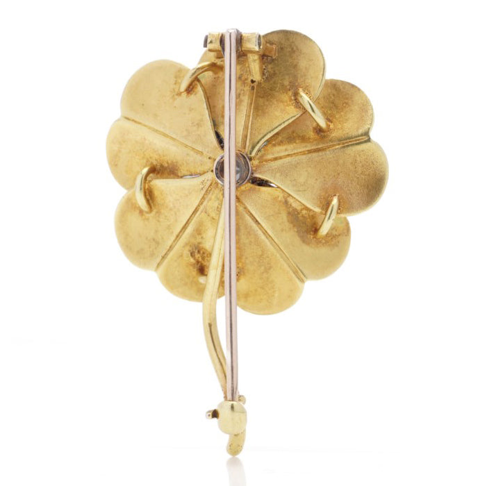 Antique Edwardian 18ct Yellow Gold Flower brooch with White Enamel Petals and 0.40ct Old European Cut Diamond Centre