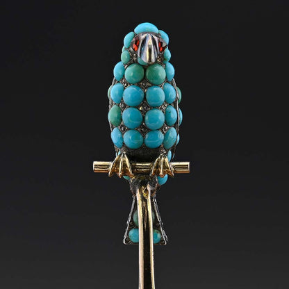 Early Victorian Antique Turquoise Parrot Stick Pin Brooch with Ruby Eyes, Late 19th century Circa 1840