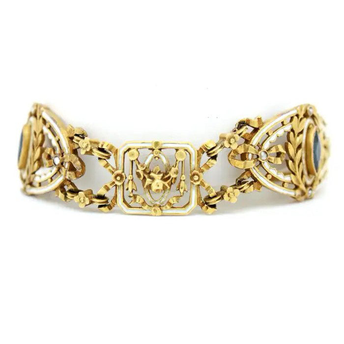 Art Nouveau Antique French Sapphire White Enamel Gold Bracelet by Leopold Gautrait