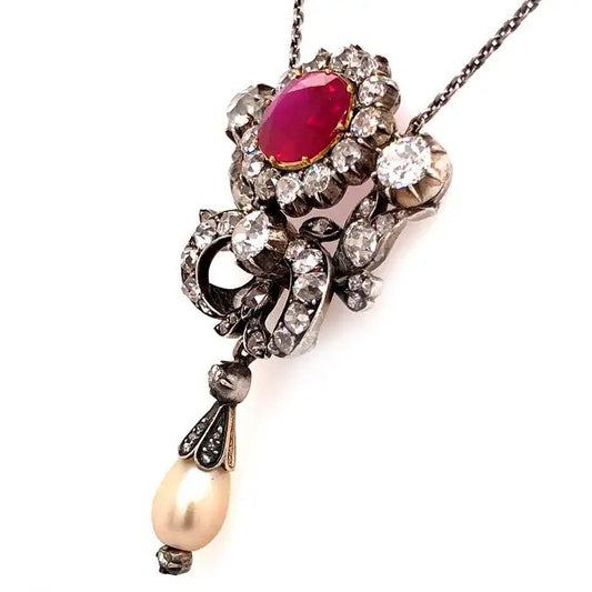 Victorian Antique 4.32ct Certified Natural Burma Ruby Diamond and Pearl Pendant, 6 carats