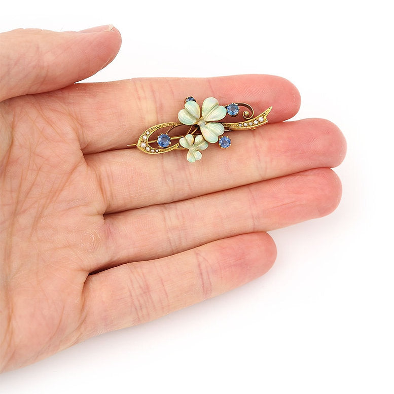 Art Nouveau Sapphire Pearl and Enamel Flower Brooch