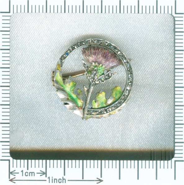 Victorian / Art Nouveau Enamel Thistle Brooch with Rose Cut Diamonds