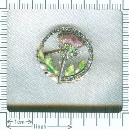 Victorian / Art Nouveau Enamel Thistle Brooch with Rose Cut Diamonds