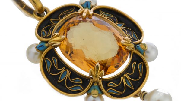 Antique Victorian Citrine, Enamel and Pearl Pendant in 15ct gold, Circa 1870s