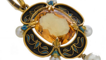 Antique Victorian Citrine, Enamel and Pearl Pendant in 15ct gold, Circa 1870s