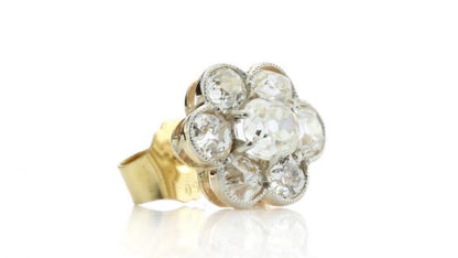 Antique Victorian Old Cut Diamond Floral Cluster Stud Earrings; set with 1.44 carats old cut diamonds arranged in a flower cluster design, in 18ct yellow gold, 19th century, Circa 1860s