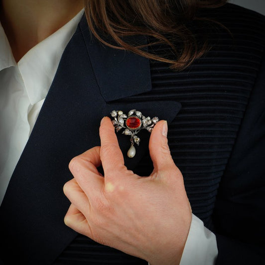 Antique Victorian Garnet, Rose Cut Diamond and Natural Pearl Brooch