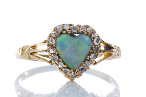 Antique Victorian Opal and Rose Cut Diamond Heart Shaped Cluster Ring