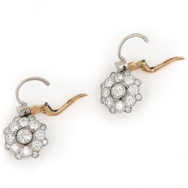 Vintage 1.20ct Diamond Floral Cluster Drop Earrings