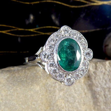 Art Deco Style Emerald and Diamond Cluster Plaque Ring, 1.35cts