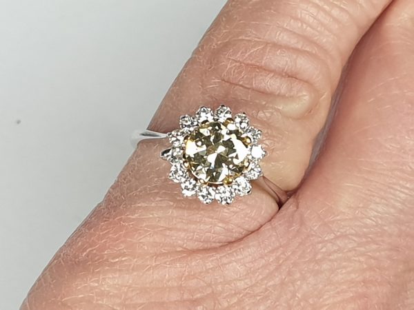 Old Cut 1.28ct Fancy Yellow Diamond Cluster Ring in Platinum