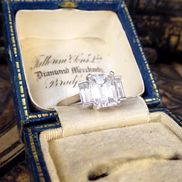 2.57ct Emerald and Baguette Cut Diamond Three Stone Engagement Ring in Platinum