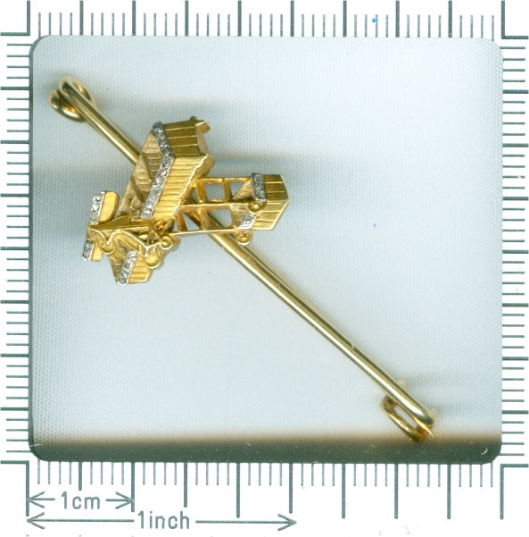 Unique Engraved Diamond and 18ct Yellow Gold Aviation Brooch, c.1908