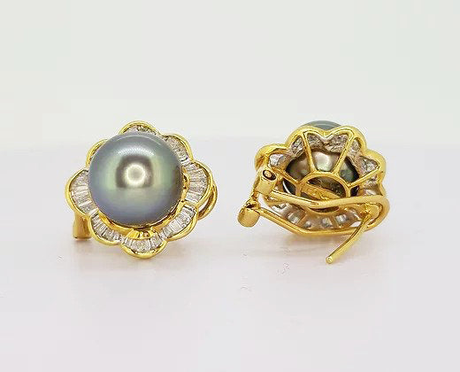 Tahitian Pearl and Diamond Cluster Earrings, clip and post fittings, 18ct yellow gold.