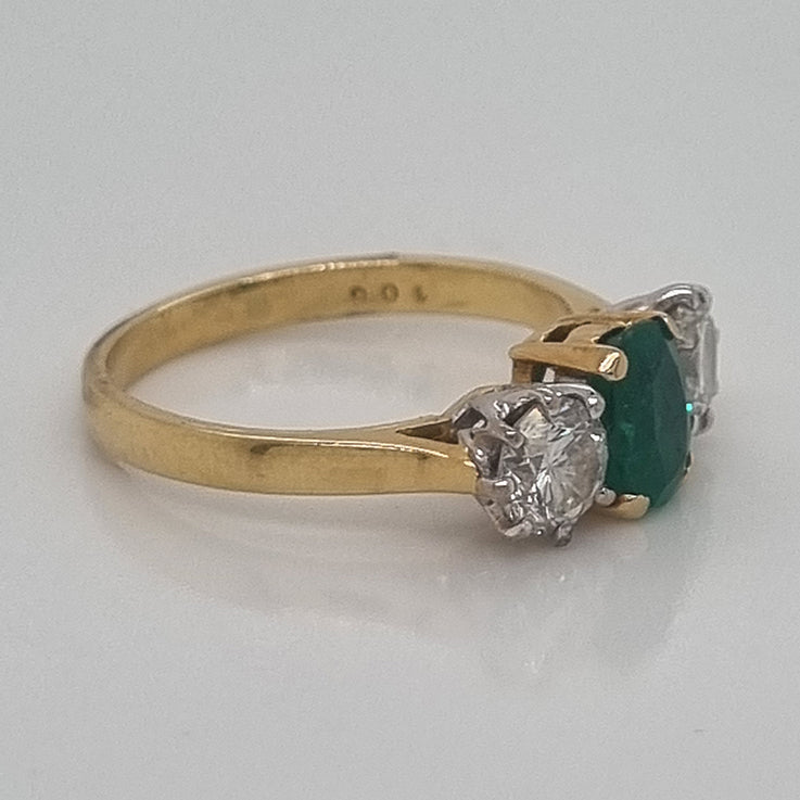 Vintage 0.50ct Oval Emerald and Diamond Trilogy Engagement Ring in 18ct Yellow Gold